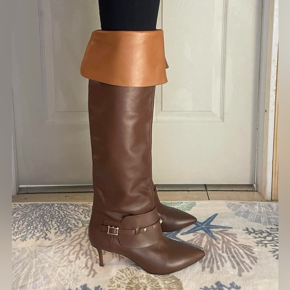 Valentino Garavani Rockstud knee high brown thigh kitten heels boots
